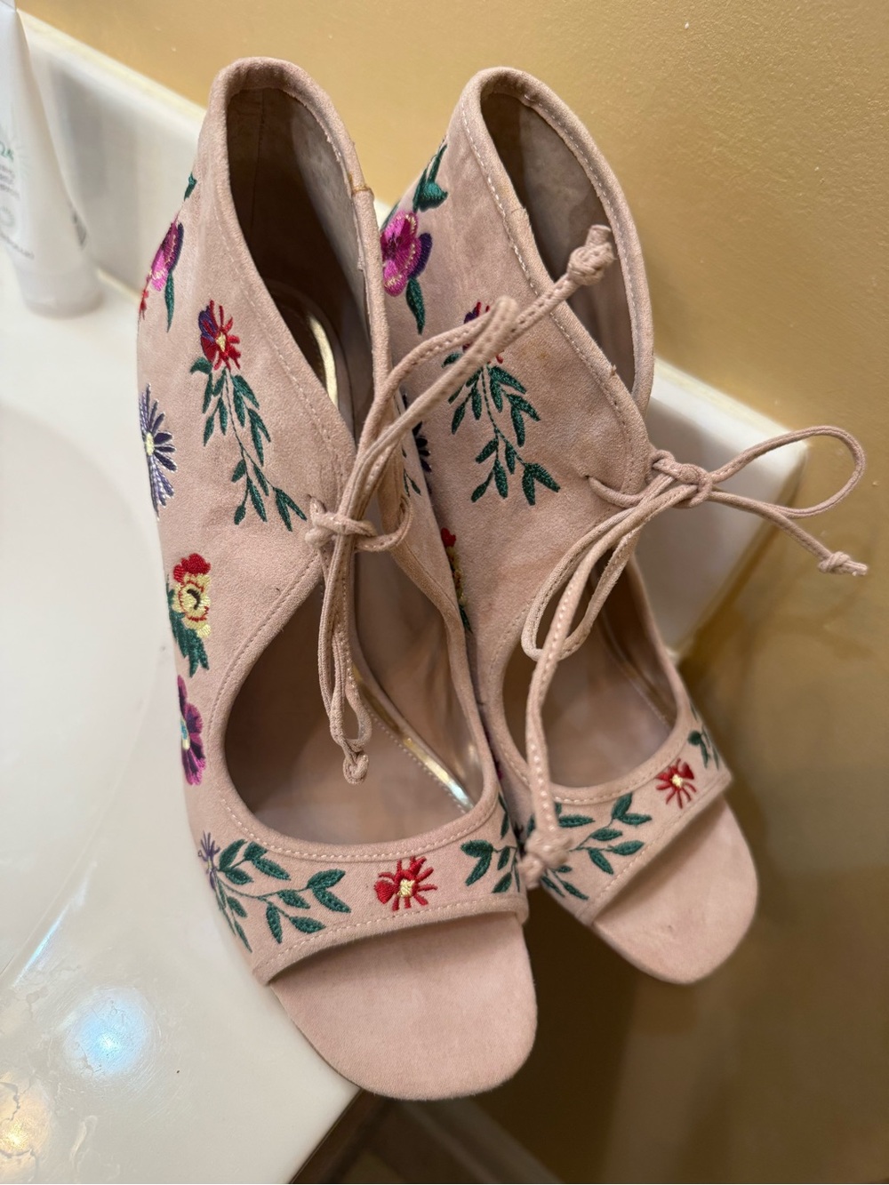 Betsey Johnson Blush Pink Embroidered Lace-Up Peep Toe Heels